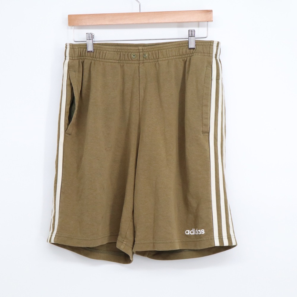 Adidas Shorts Mens L 3-Stripe Olive Green Athletic Gym Pockets Good